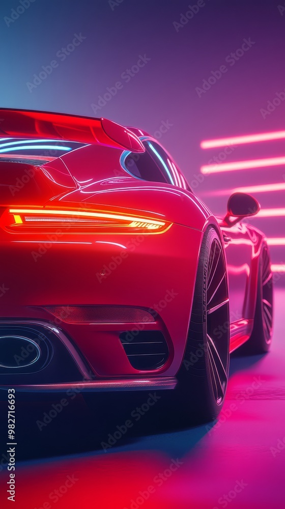 Naklejka premium Red Sports Car in Neon Lights.