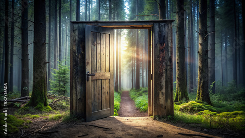 A weathered wooden door cracked open to reveal a dark forest, symbolizing the gateway to unknown opportunities and untapped potential.