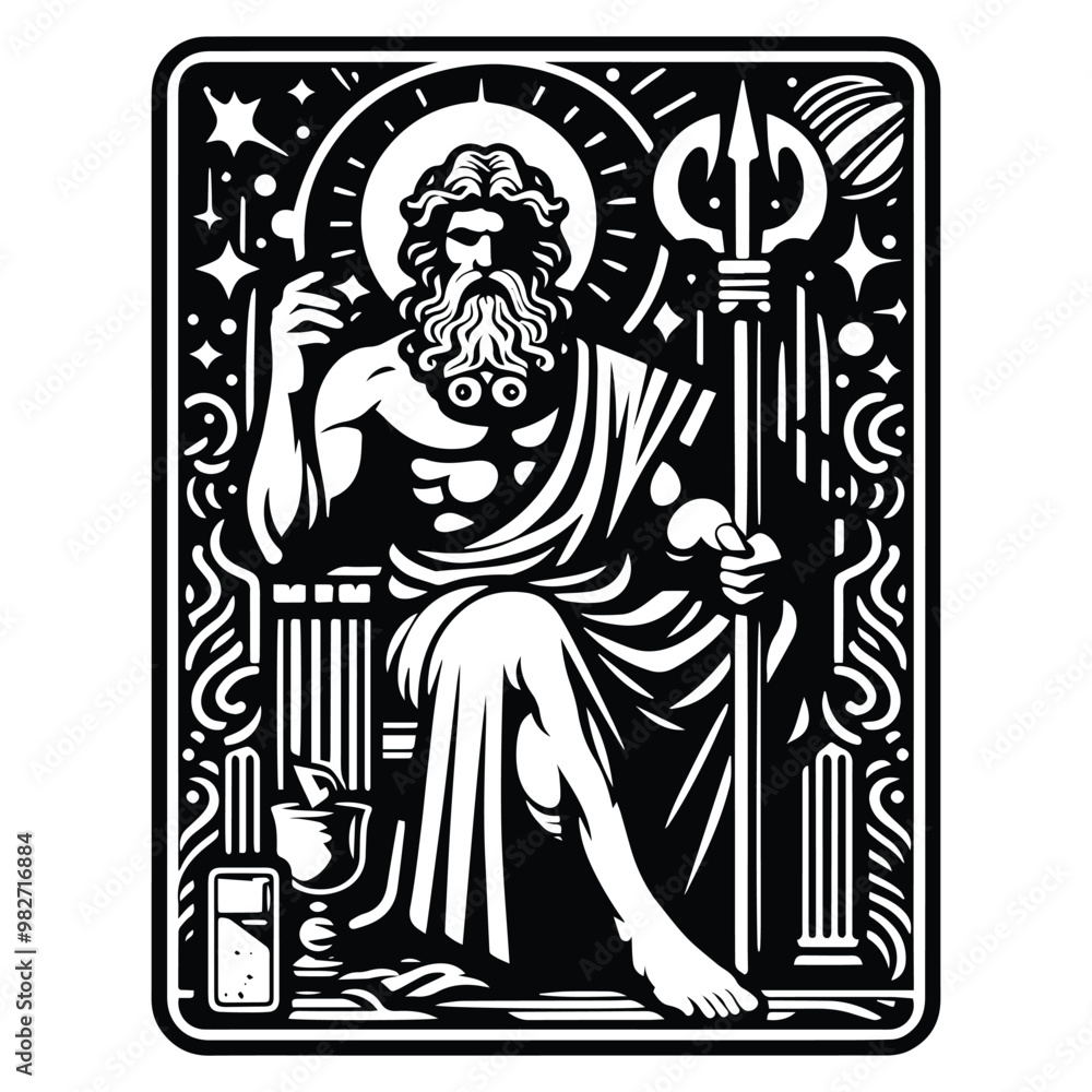 Fototapeta premium Zeus greek god with tarot card decoration in black and white illustrations, cutout graphic