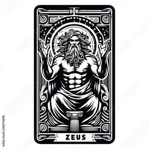 Zeus greek god with tarot card in black and white illustrations, cutout graphic