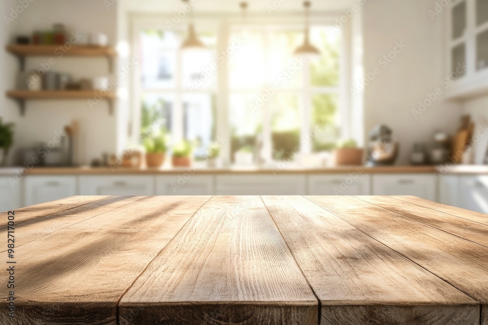 Beige Empty wooden table with the bright white interior of the kitchen as a blurred background behind the bokeh golden sunshine , ai Beige Empty wooden table with the bright white interior of the kitchen as a blurred background behind the bokeh golden sunshine , ai