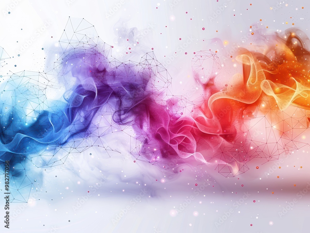 Fototapeta premium Abstract polygonal background with geometric shapes and connections, vector illustration for business concept design, in the color pink, blue, orange, purple, and white on a light gray background. 