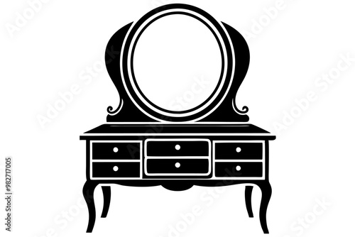 A vanity table with mirror silhouette vector, icon illustration on white background. 