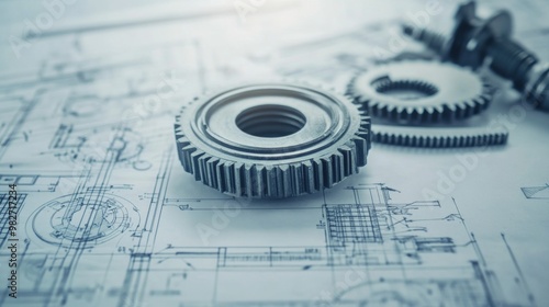 Close-up of mechanical gears and blueprints, concept of engineering design in product development. the creation of innovative technology