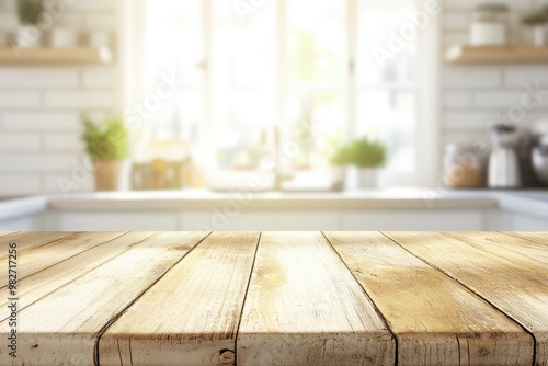 Beige Empty wooden table with the bright white interior of the kitchen as a blurred background behind the bokeh golden sunshine , ai