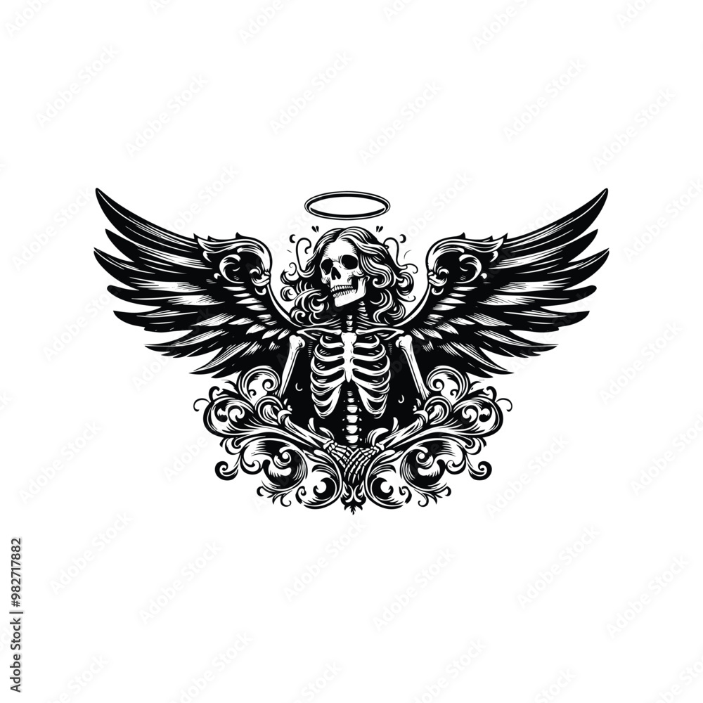Naklejka premium angel skeleton with victorian flourish decoration in black and white illustrations, cutout graphic