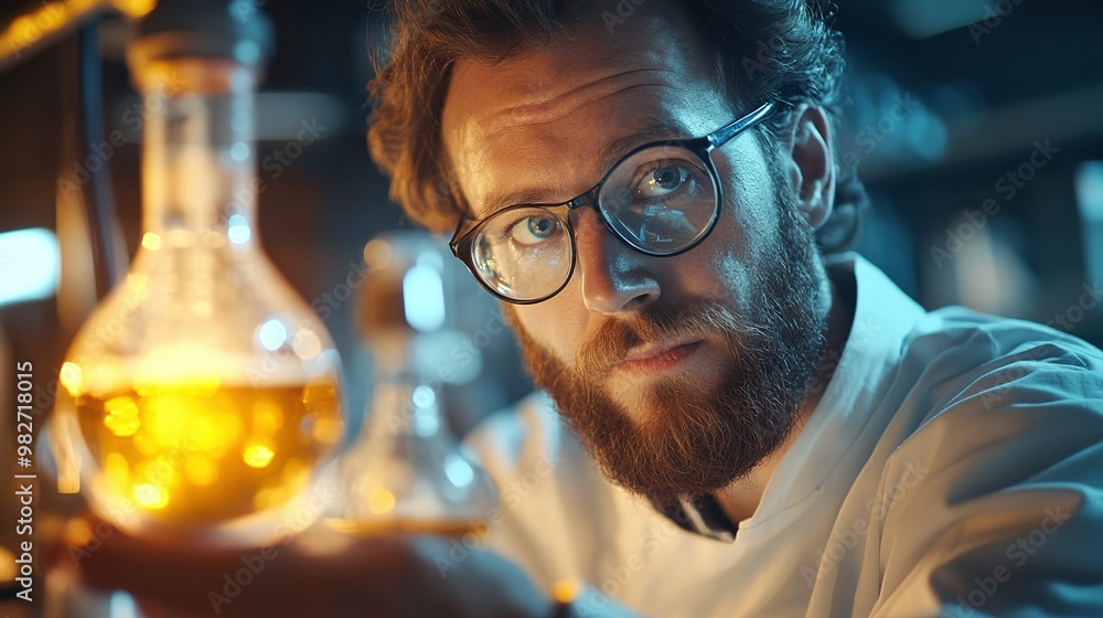 laboratory experiment with a scientist holding a flask analyzing the chemical reaction and performing research in a controlled environment laboratory experiment with a scientist holding a flask analyzing the chemical reaction and performing research in a controlled environment