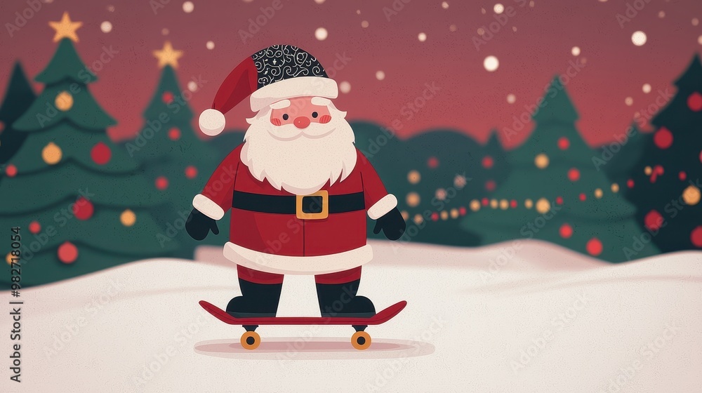 A cartoonish santa standing on a skateboard in a snowy forest A cartoonish santa standing on a skateboard in a snowy forest