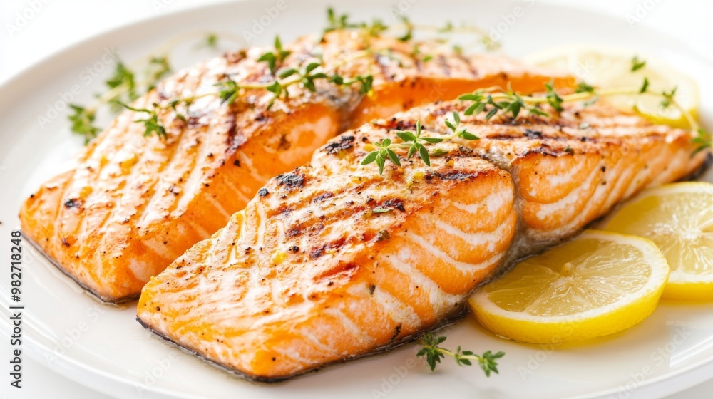 A close-up of a perfectly grilled salmon fillet with lemon slices and fresh herbs, placed on a white plate with a clean, white background. A close-up of a perfectly grilled salmon fillet with lemon slices and fresh herbs, placed on a white plate with a clean, white background.