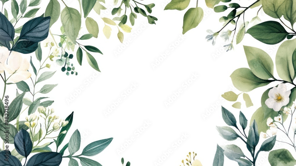 A botanical watercolor frame with hand-painted greenery and wildflowers wrapping around the edges, creating a natural, rustic atmosphere for a wedding invitation. A botanical watercolor frame with hand-painted greenery and wildflowers wrapping around the edges, creating a natural, rustic atmosphere for a wedding invitation.