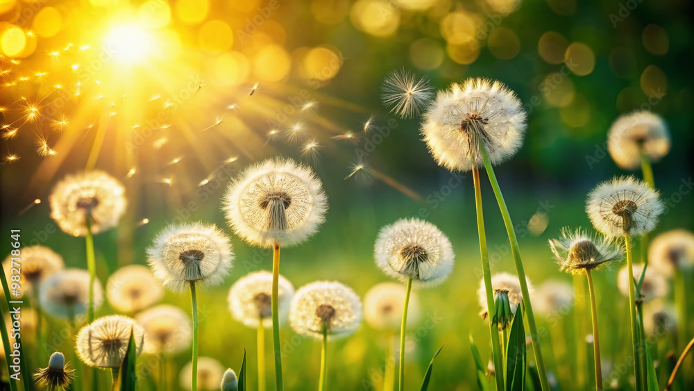 Delicate dandelion puffs dispersing seeds in gentle breeze against soft focus green meadow background with warm sunlight casting serene afternoon atmosphere. Delicate dandelion puffs dispersing seeds in gentle breeze against soft focus green meadow background with warm sunlight casting serene afternoon atmosphere.