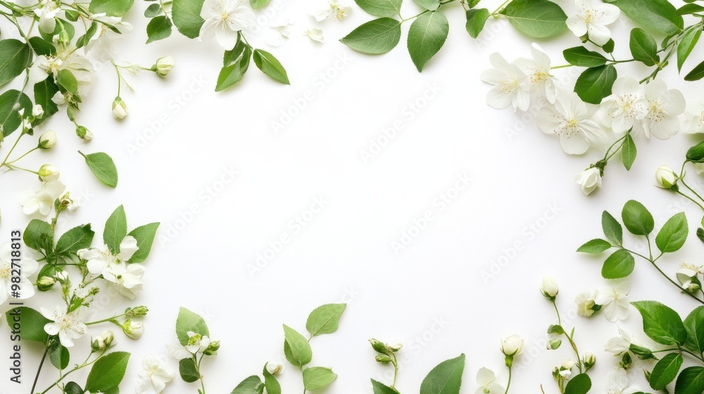 A botanical wedding frame featuring delicate green leaves and soft white flowers, arranged around the edges of a clean white background, ideal for an elegant wedding invitation. A botanical wedding frame featuring delicate green leaves and soft white flowers, arranged around the edges of a clean white background, ideal for an elegant wedding invitation.
