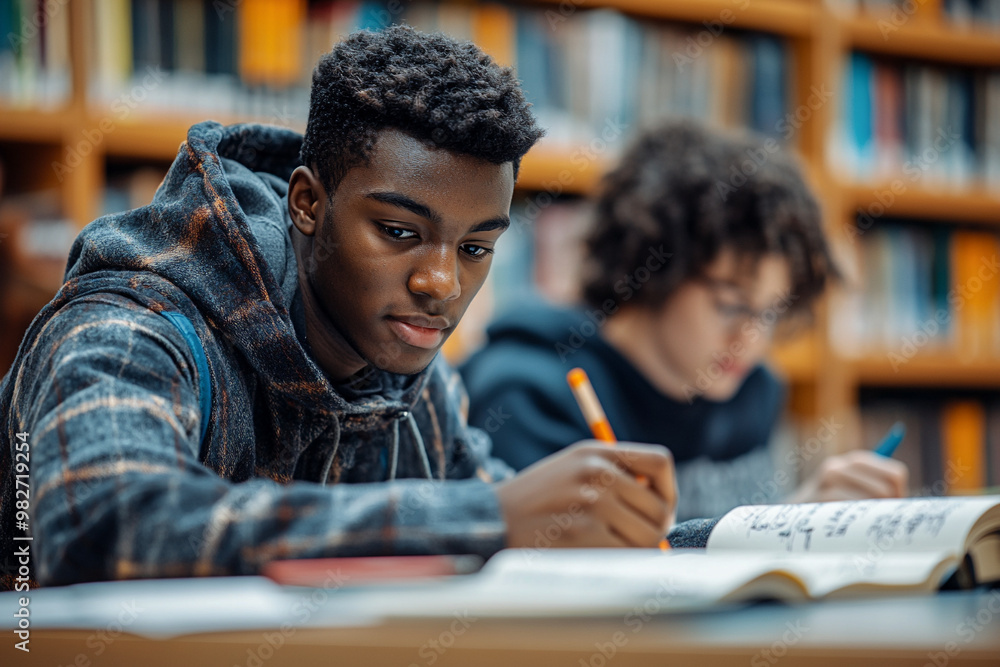 Students studying in the school library, college classroom learning and education, gaining knowledge for academic success. Students studying in the school library, college classroom learning and education, gaining knowledge for academic success.
