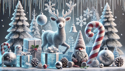 Icy Christmas concept with trees, Santa Claus, gift boxes, candy canes, bells