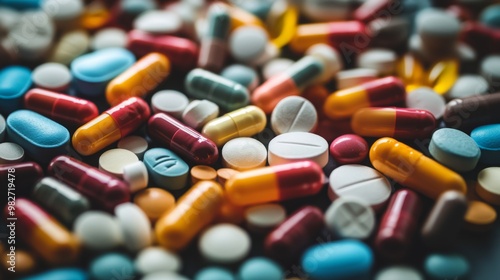 Collection Of Various Medical Tablets And Pills. Assorted pharmaceutical medicine pills, tablets and capsules on table background. Heap of assorted various medicine tablets