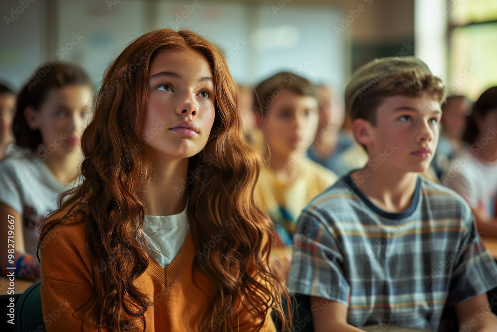 Obraz premium Teenage students in a middle school during a lesson, schoolchildren studying together at desks, diverse group of boys and girls engaged in learning