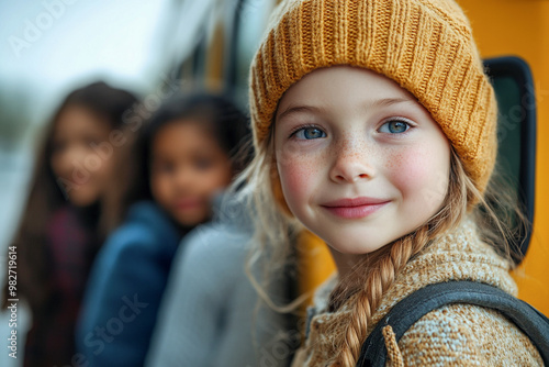 child near school bus, teenage student, study education