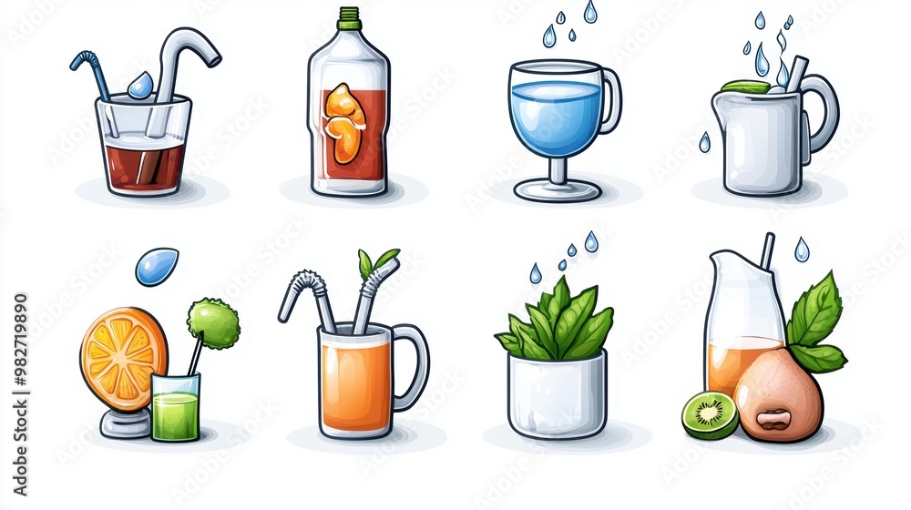 Cartoon Illustration of Refreshing Drinks Cartoon Illustration of Refreshing Drinks