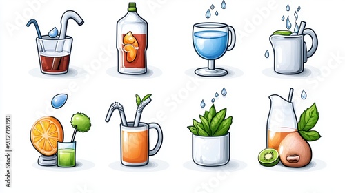 Cartoon Illustration of Refreshing Drinks