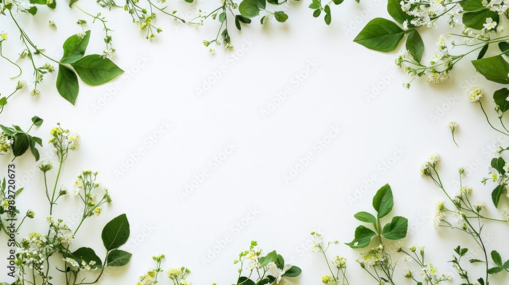 A delicate botanical wedding frame with soft green leaves and wildflowers wrapping around the page, creating a natural, elegant look on a white background. A delicate botanical wedding frame with soft green leaves and wildflowers wrapping around the page, creating a natural, elegant look on a white background.