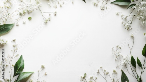 A delicate botanical wedding frame with soft green leaves and wildflowers wrapping around the page, creating a natural, elegant look on a white background.