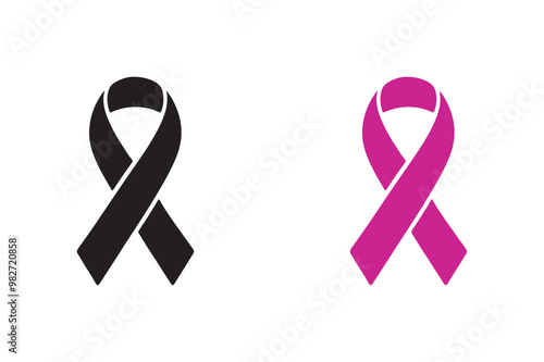 A flat icon of a black and pink breast cancer awareness ribbon on a white background.