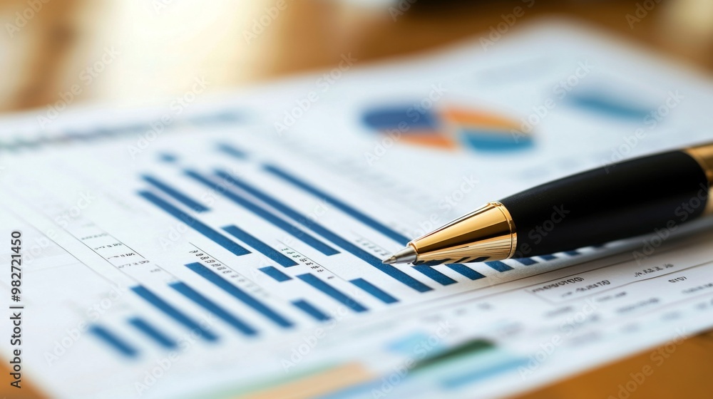 A close-up of a printed financial report with graphs and charts, including line and bar graphs, placed on a wooden desk with a pen. A close-up of a printed financial report with graphs and charts, including line and bar graphs, placed on a wooden desk with a pen.