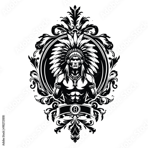 apache warior male with victorian flourish decoration in black and white illustrations, cutout graphic e