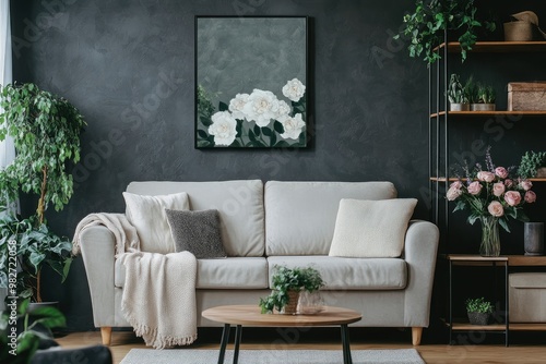 Sofa, decor on shelves, table with flowers in vase and picture on grey wall in interior of living room , ai