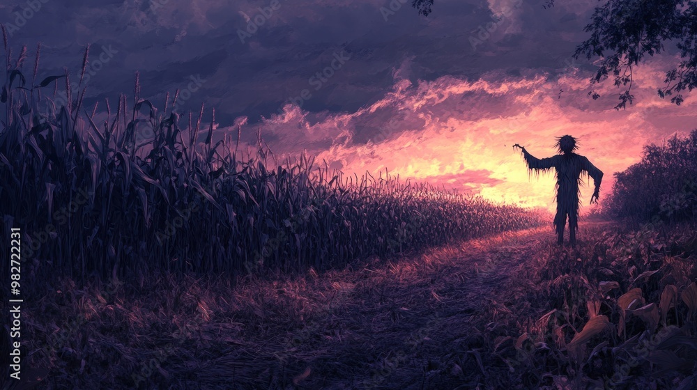 Fototapeta premium A haunting twilight scene in a deserted cornfield, with a scarecrow standing alone, the wind stirring the dry corn stalks, and an eerie silence filling the air.