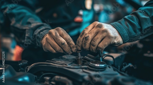 Close-up of a mechanics hands tightening a bolt under the hood, showcasing professional car maintenance services.