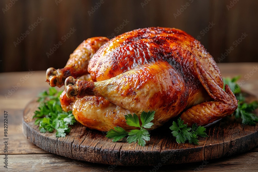 Rustic Oil Painting of Succulent Roast Chicken on Wooden Platter Rustic Oil Painting of Succulent Roast Chicken on Wooden Platter
