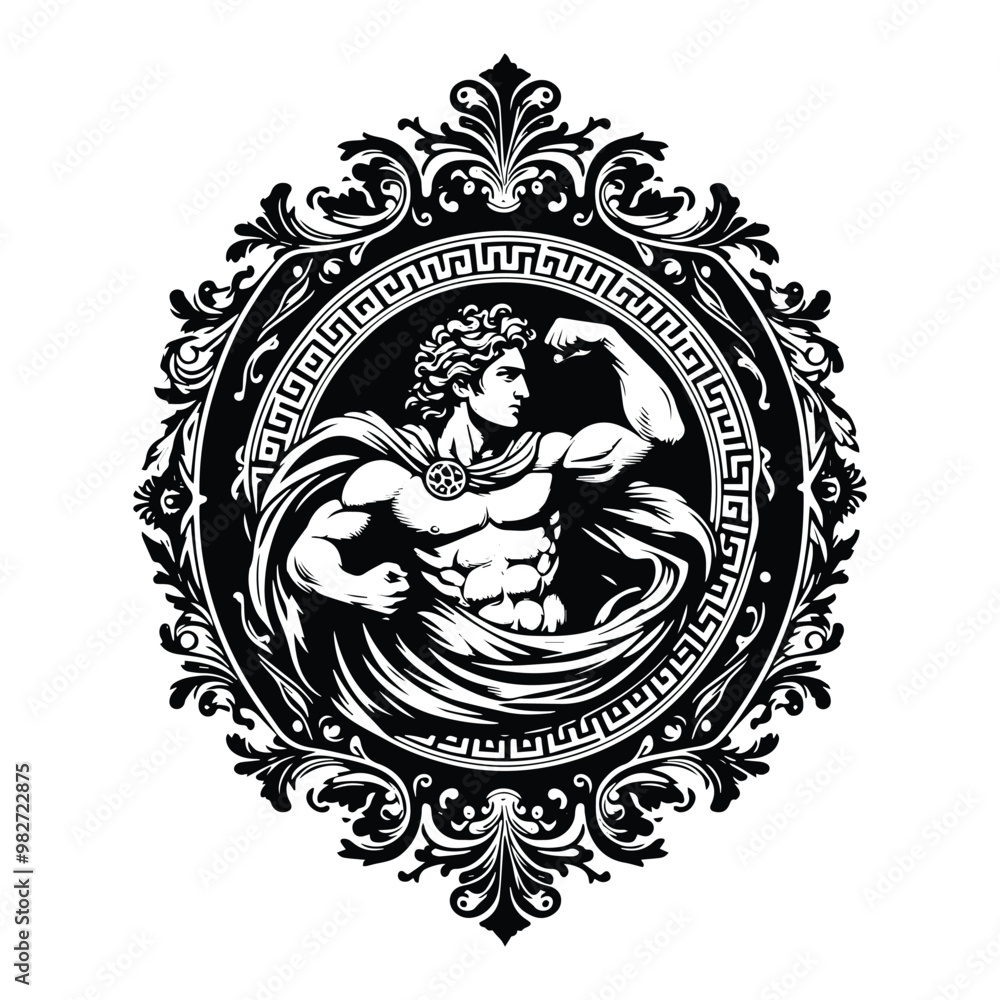 Apollo greek god with victorian flourish decoration in black and white illustrations, cutout graphic Apollo greek god with victorian flourish decoration in black and white illustrations, cutout graphic