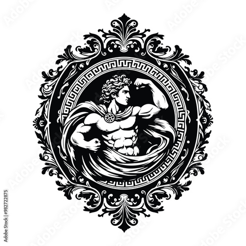 Apollo greek god with victorian flourish decoration in black and white illustrations, cutout graphic