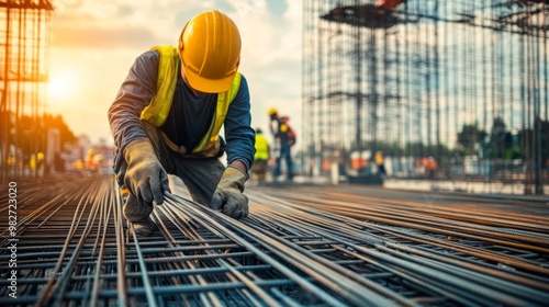 Construction Worker Wearing Yellow Hard Hat and Safety Vest Handling Steel Rebar - Building Site Activity, Scaffolding in Background, Active Construction Scene, Safety Gear, Structural Work, Busy 