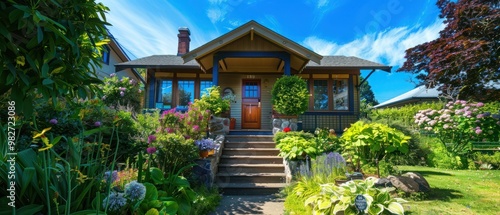 cute craftsman cottage mid century turn of the century set amongst lush green landscaping and gardens with beautiful blue sky front door stairs to entry pretty flowers