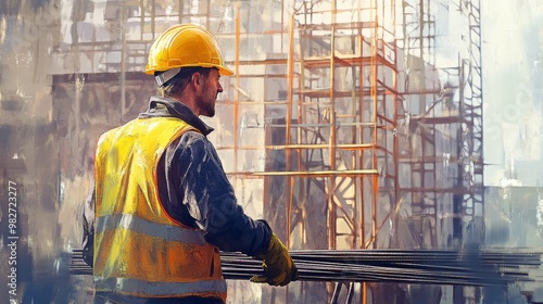 Construction Worker Wearing Yellow Hard Hat and Safety Vest Handling Steel Rebar - Building Site Activity, Scaffolding in Background, Active Construction Scene, Safety Gear, Structural Work, Busy 