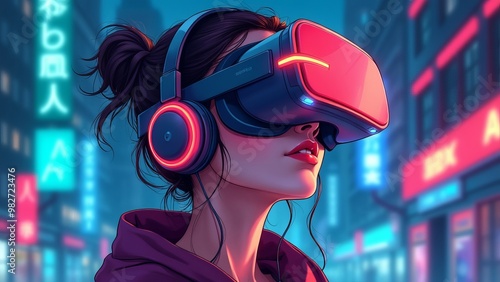 woman wearing virtual reality glasses and a headset on a solid blue background. Augmented reality. Metaverse digital virtual reality technology.