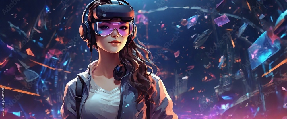 woman wearing virtual reality glasses and a headset on a solid blue background. Augmented reality, games, future technologies. Metaverse digital virtual reality technology. woman wearing virtual reality glasses and a headset on a solid blue background. Augmented reality, games, future technologies. Metaverse digital virtual reality technology.