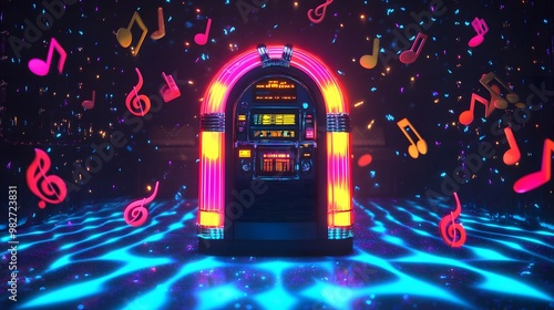 A 3D jukebox in the center of a glowing dance floor surrounded by floating musical notes