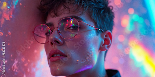 Fine art fashion photography of a young male portrait embodying Mother Nature, with an uncanny valley vibe. Features mirrors, vibrant colors, iridescent style, and reflective light effects