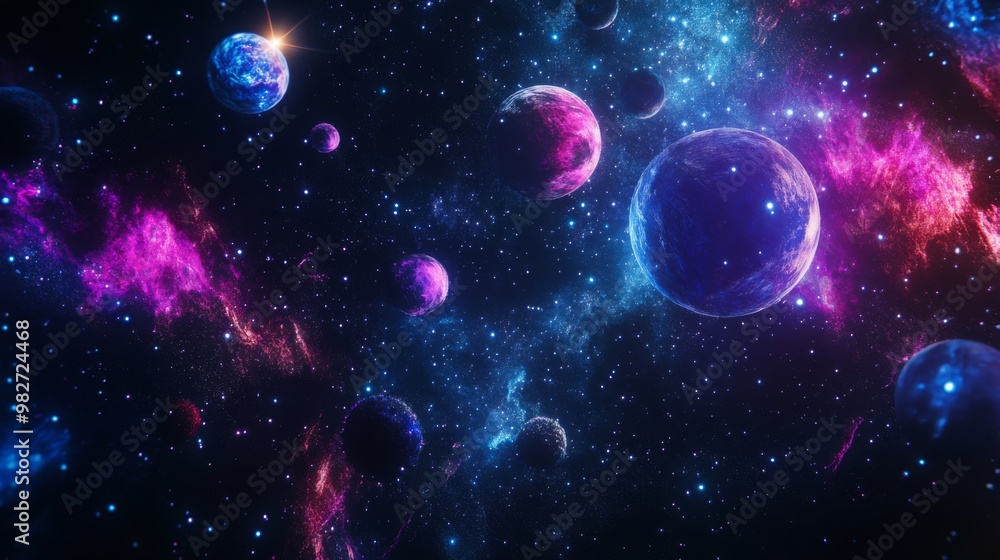 Cosmic background with colorful planets against the glowing stars. Abstract universe cover design. Starry night sky with fallen star. Deep cosmos. Black outer space Cosmic background with colorful planets against the glowing stars. Abstract universe cover design. Starry night sky with fallen star. Deep cosmos. Black outer space