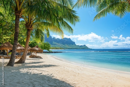 Paradise beach resort with palm trees and and tropical sea in Mauritius island. Summer vacation and tropical beach concept. Sandy beach with Le Morne beach on Mauritius island. Tropical landscape, ai