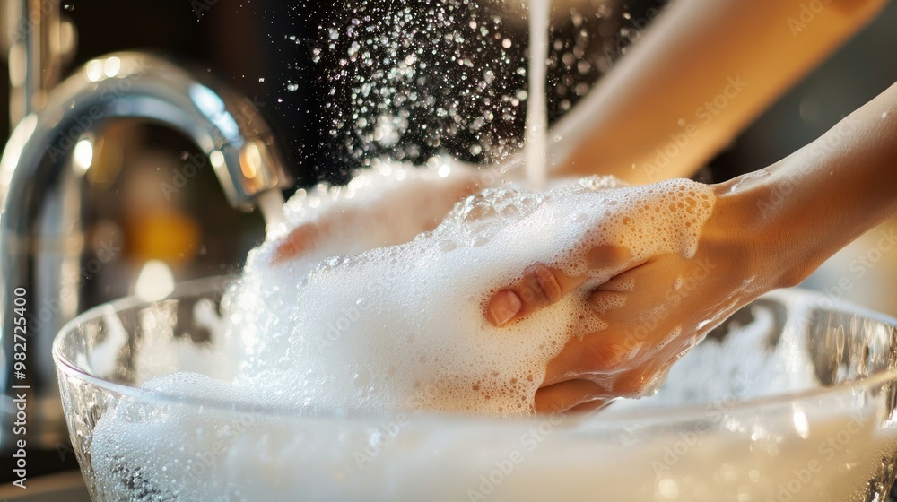 Fototapeta premium Soapy hands scrubbing the inside of a glass bowl, bubbles overflowing the rim, with a kitchen faucet in the background.