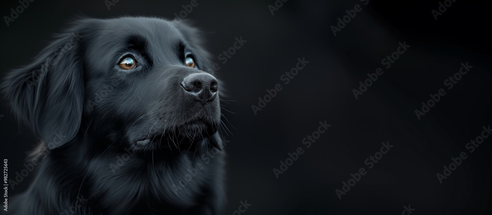 A close-up portrait of a black dog with expressive eyes and smooth fur against a dark background. A close-up portrait of a black dog with expressive eyes and smooth fur against a dark background.