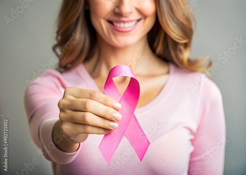 Woman holding pink ribbon, breast cancer awareness, pink october concept. Selective focus on pink ribbon. Pink October is Cancer Awareness Month. photo