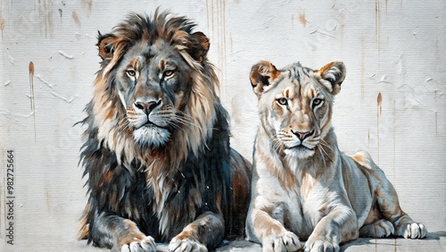 Majestic lion and lioness showing love on a textured neutral background