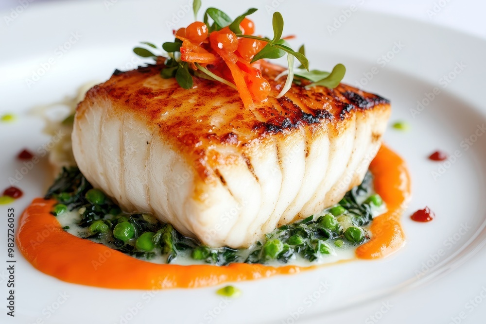 Deliciously grilled fish filet served with vibrant green peas and a creamy sauce, garnished with fresh herbs and salmon roe. Deliciously grilled fish filet served with vibrant green peas and a creamy sauce, garnished with fresh herbs and salmon roe.