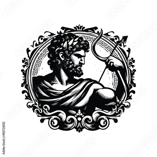Ares greek god with victorian flourish decoration in black and white illustrations, cutout graphic