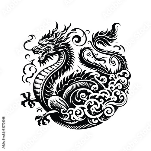 asian dragon with victorian flourish decoration in black and white illustrations, cutout graphic